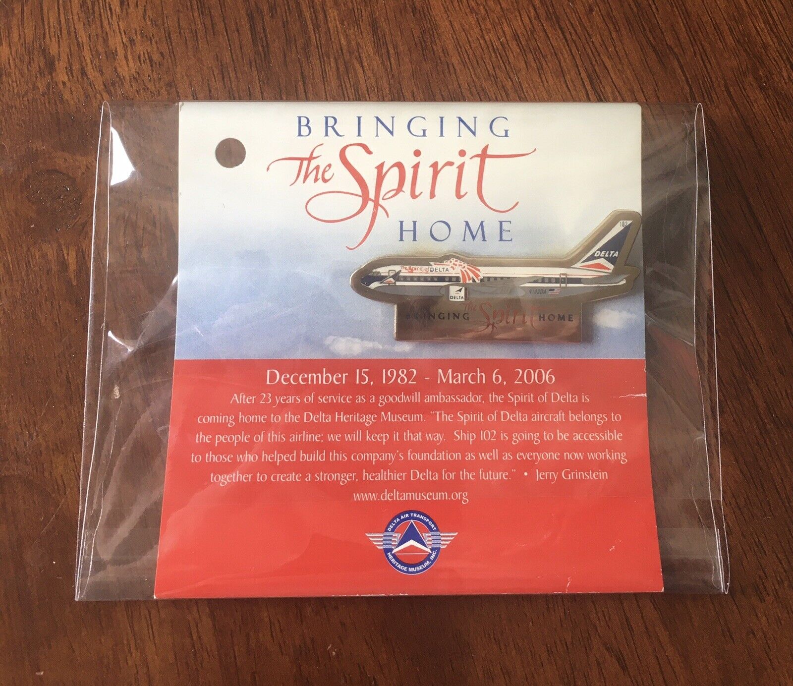 1982 Delta Air Lines “Bringing The Spirit Home” Large Aircraft Pin With Card