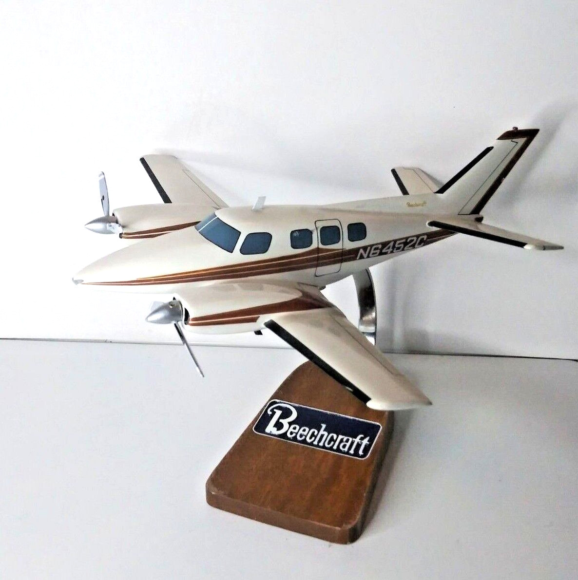 Beechcraft Twin Prop Airplane Model Wood Desktop N6452C White Brown Stripe Stand