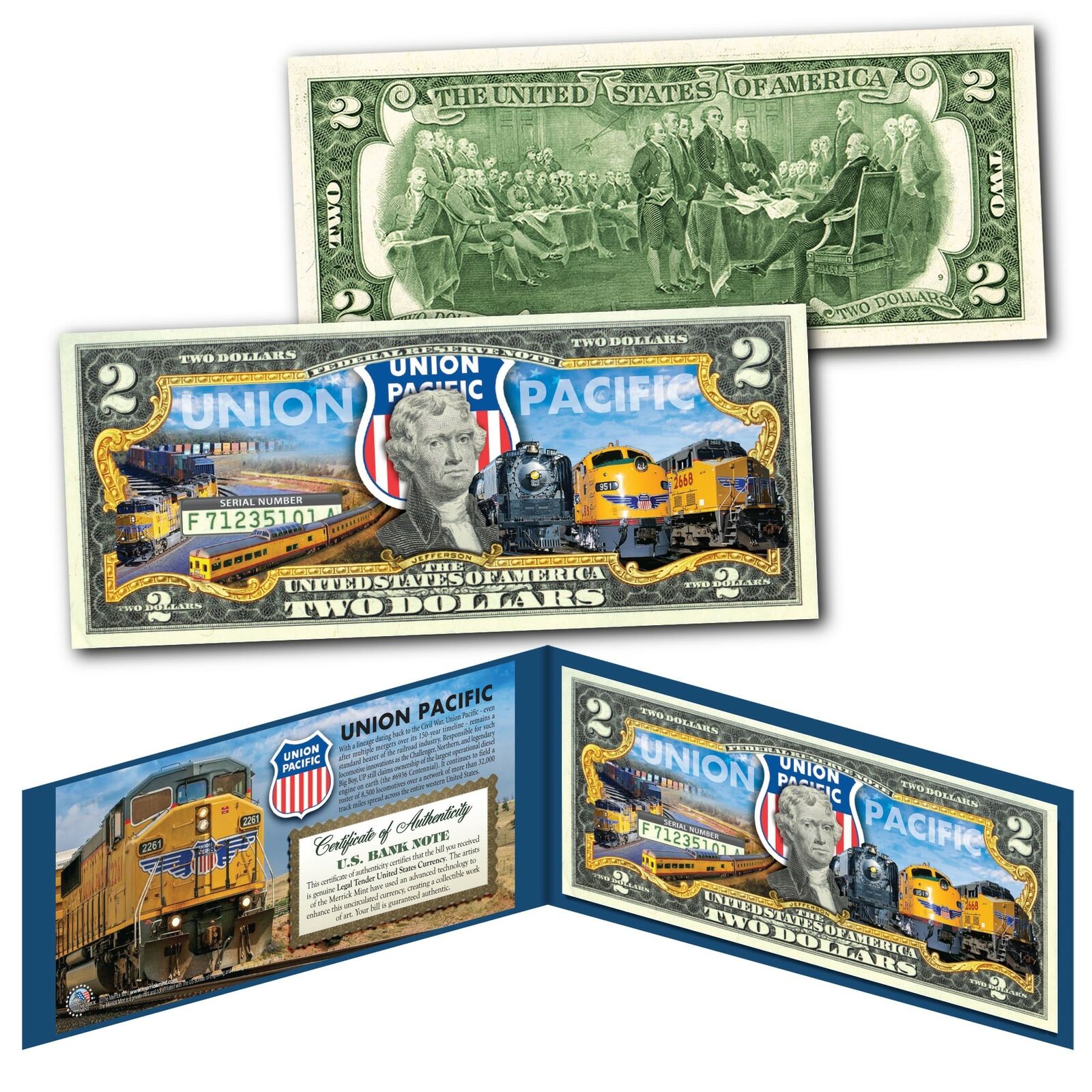 UNION PACIFIC Train Company GE Locomotive Railroad U.S. $2 Bill - WORLDS LARGEST