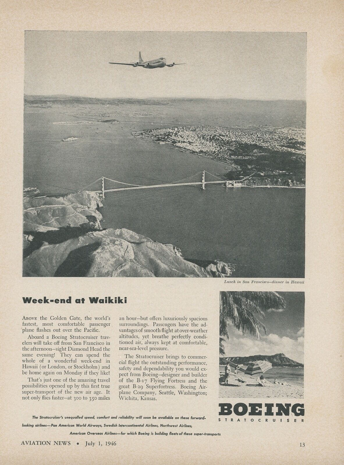 1946 Boeing Stratocruiser Ad San Francisco Golden Gate to Waikiki Aviation Plane