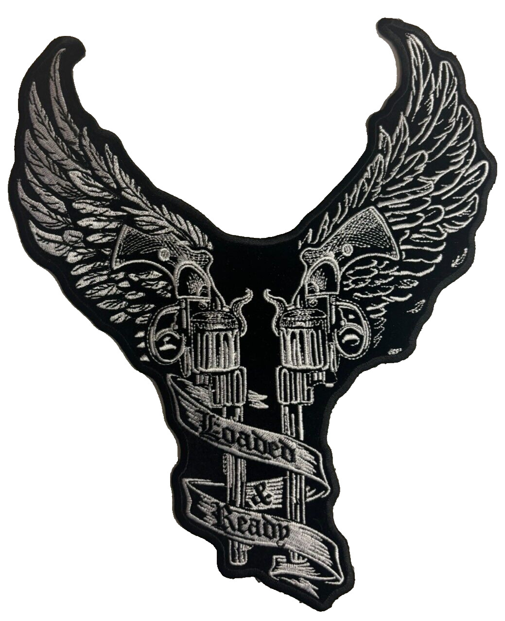 LOADED AND READY 2 PISTOLS WITH WINGS LARGE BACK PATCH IRON ON 10 INCH