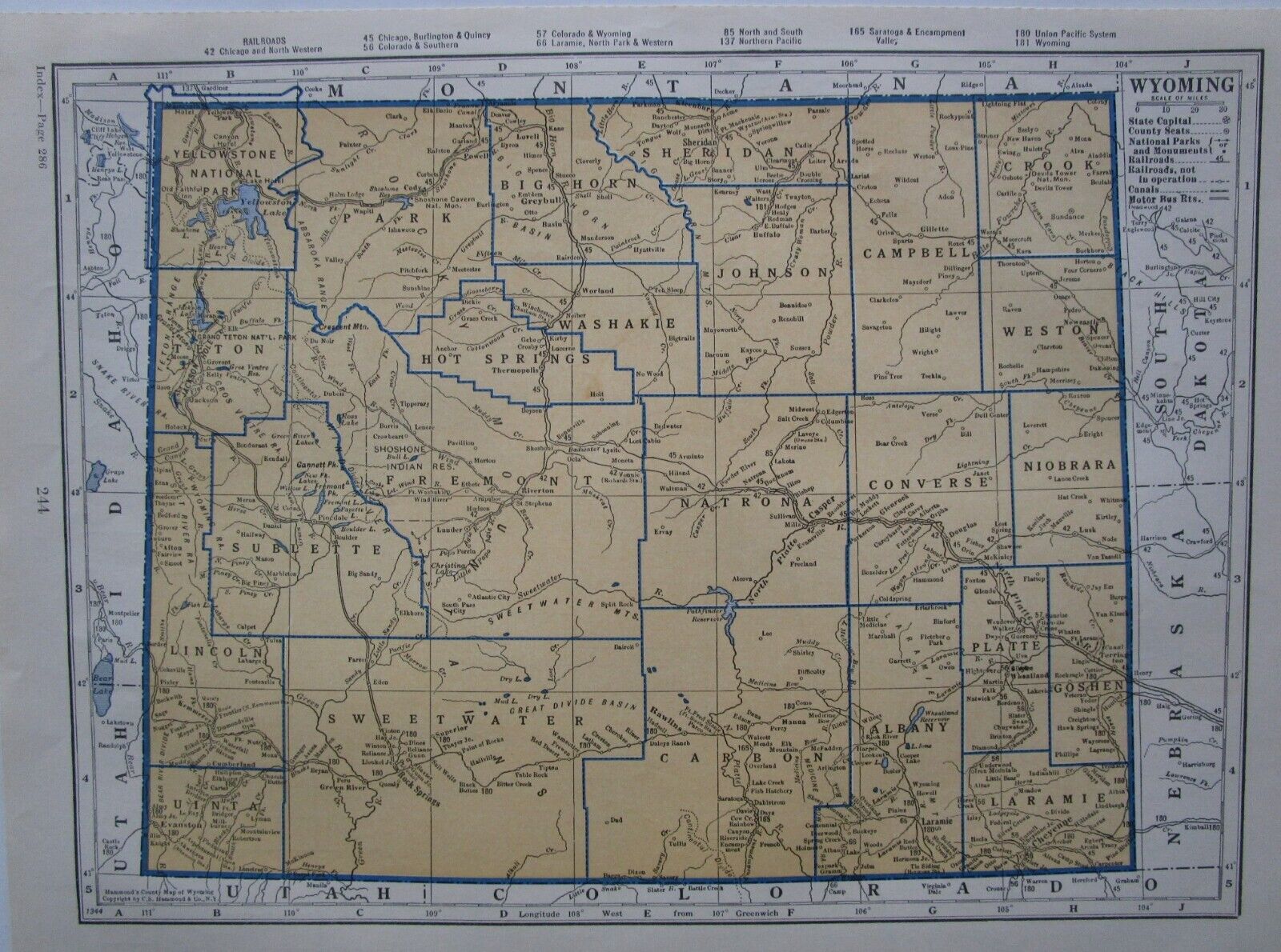 WY 1937 WYOMING RAILROAD Map. SARATOGA & ENCAMPMENT VALLEY RR