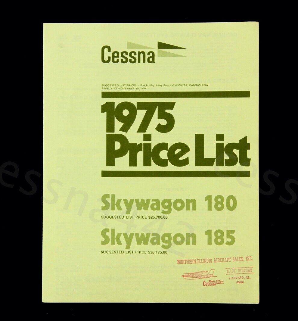 CESSNA Vintage 1975 SKYWAGON 180 & 185 Factory Price List Rare OEM Collectible