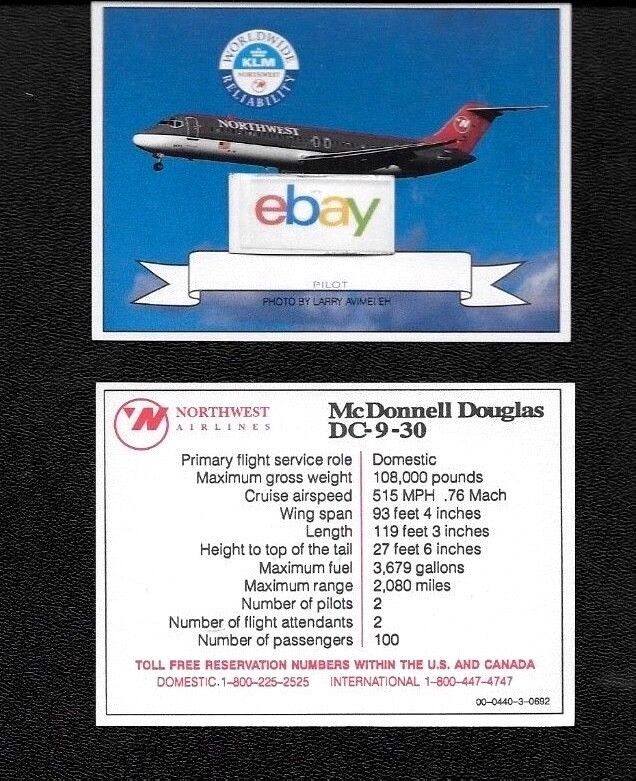 NORTHWEST AIRLINES MCDONNELL-DOUGLAS DC-9-30 PILOT CARD COLLECTOR CARD 6/92