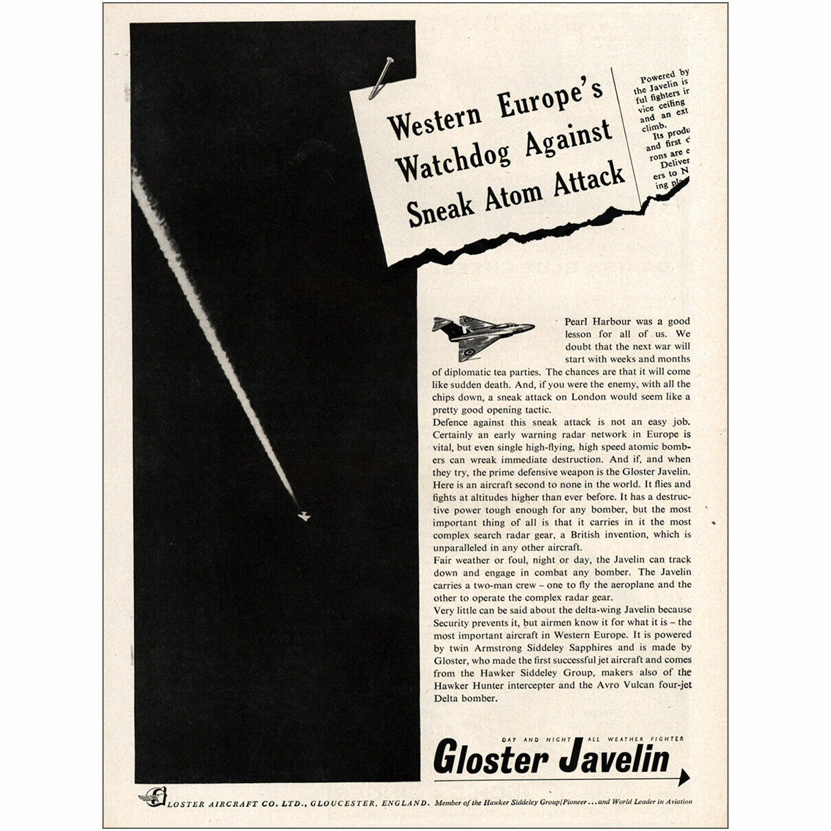 1955 Gloster Javelin: Watchdog Against Sneak Atom Attack Vintage Print Ad