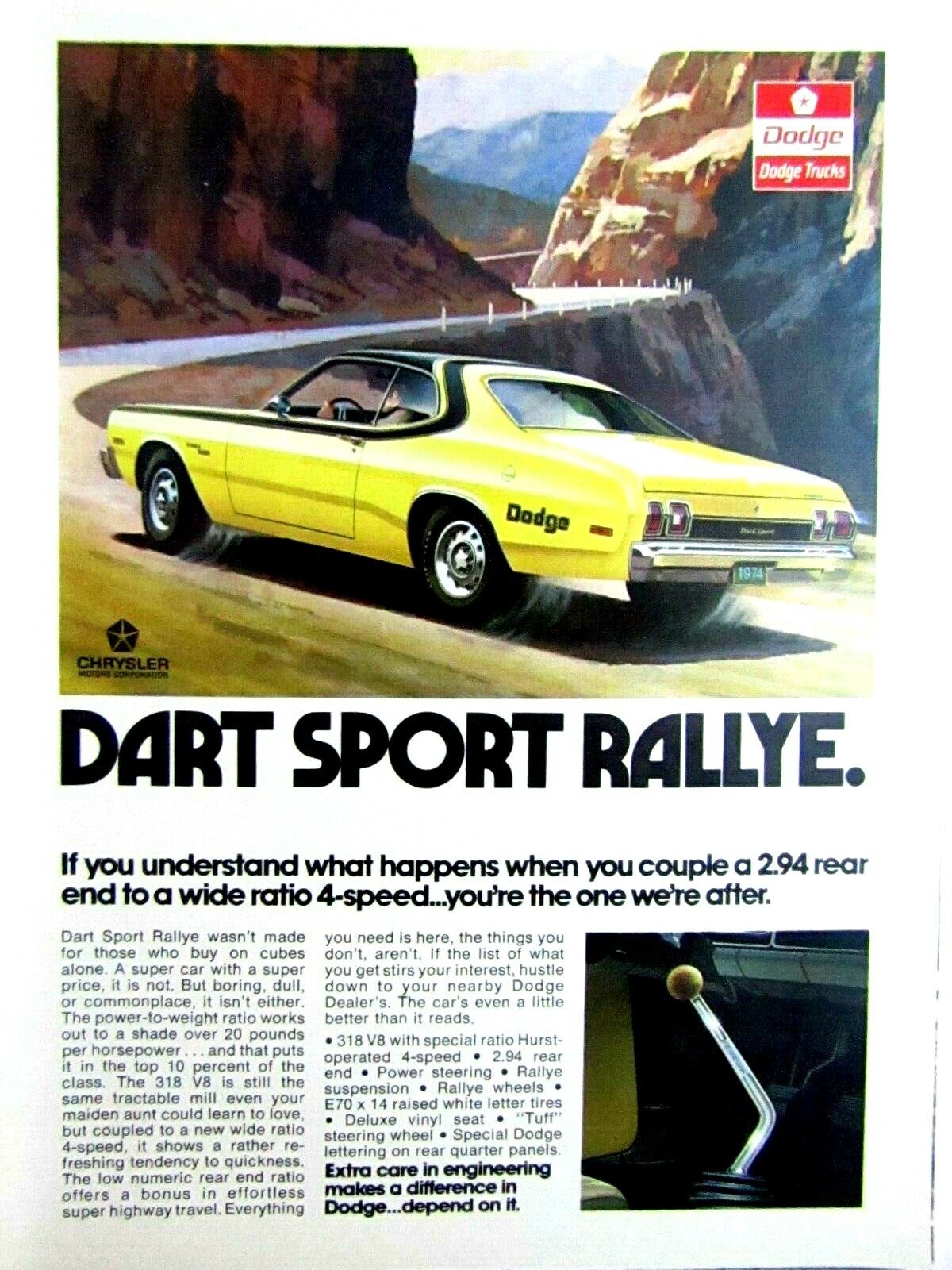 1974 Dodge Dart Sport Rallye 4 Speed Vintage Original Print Ad 8.5 x 11\