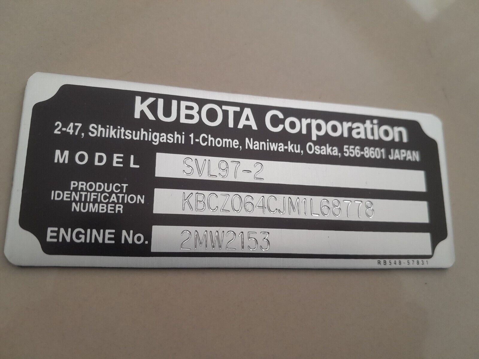 Kubota U17-3 Excavator Data Plate Aluminum Engraved