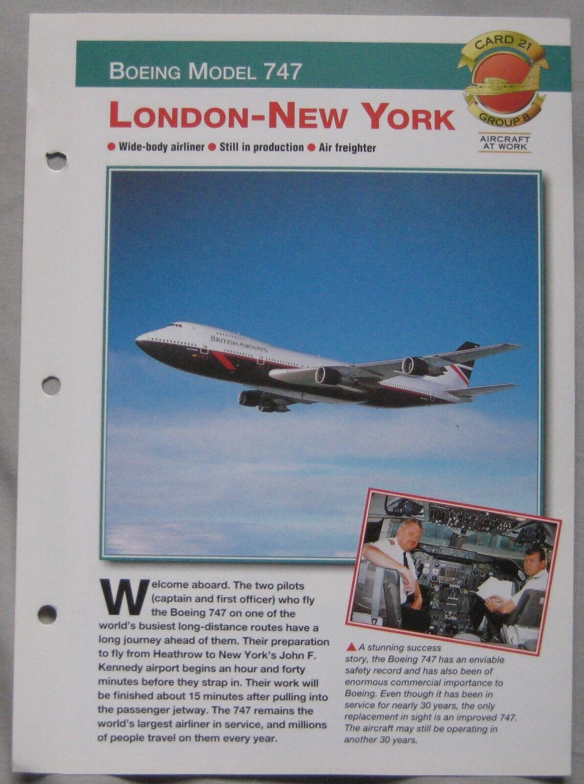 Aircraft of the World Card 21 , Group 8 - Boeing 747 London-New York