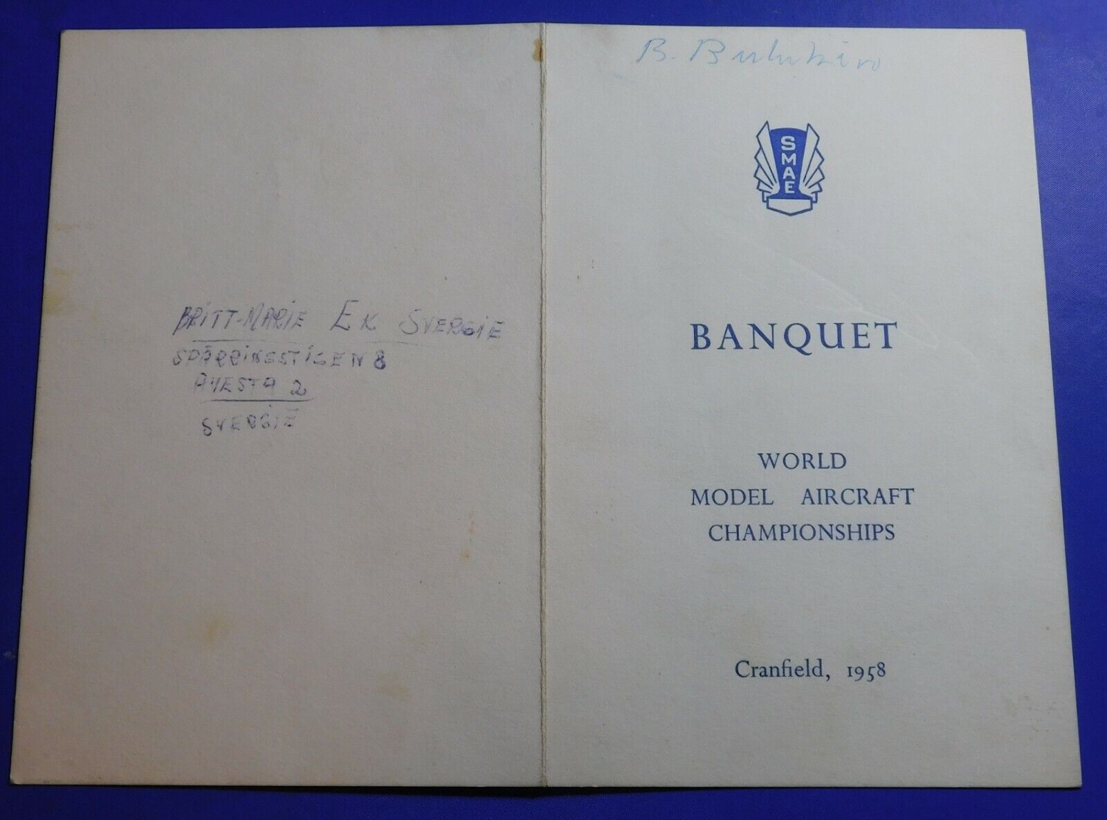SMAE - BANQUET World model aircraft championships - Cranfield ,1958 - AUTOGRAPHS