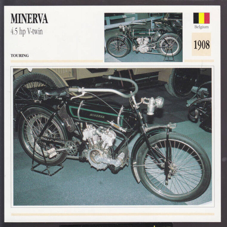 1908 Minerva 4.5 hp V-Twin 578cc Belgium Bike Motorcycle Photo Spec Info Card