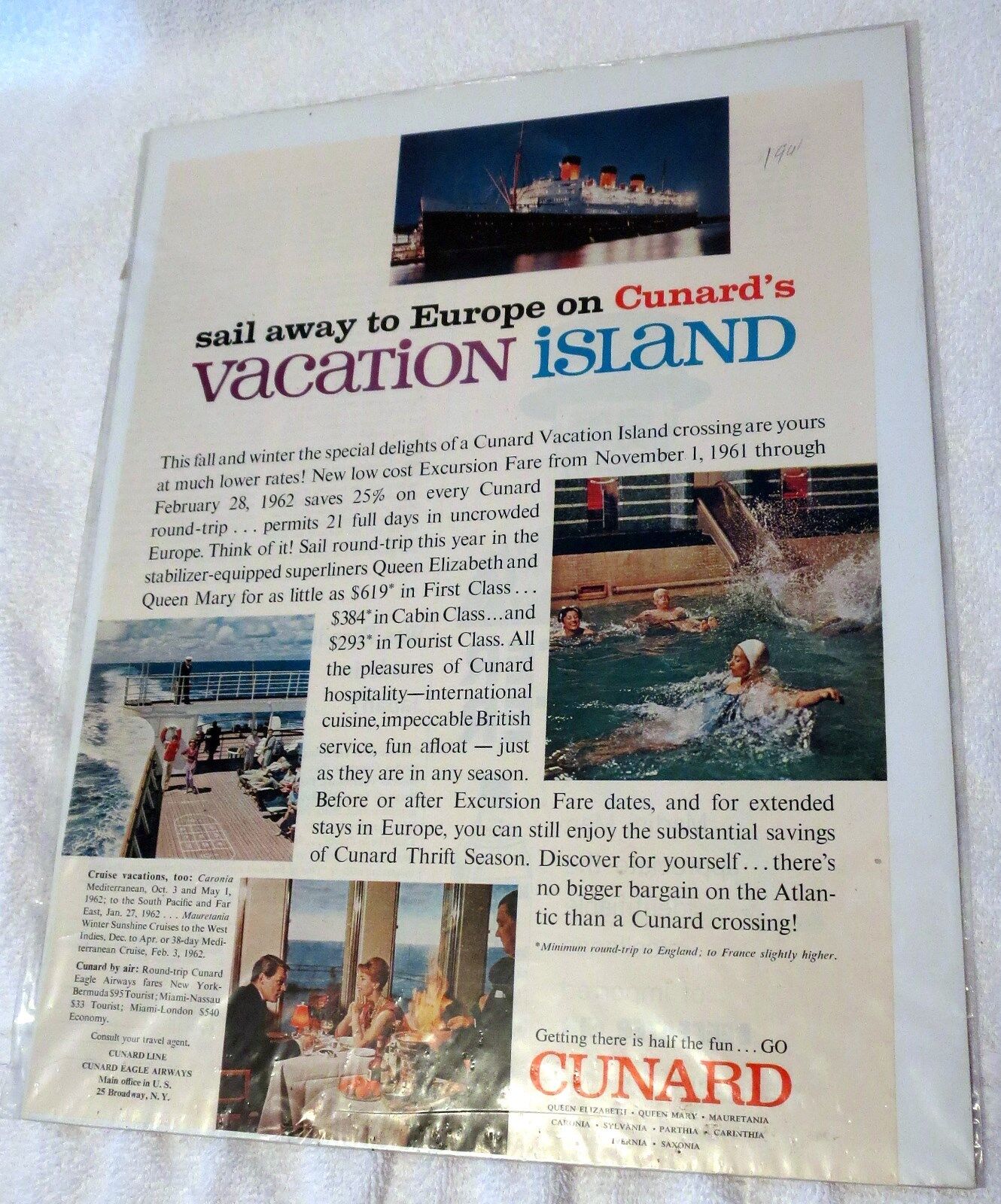 1961 Cunard Cruise Ocean Liners Europe Vacation Advertisement