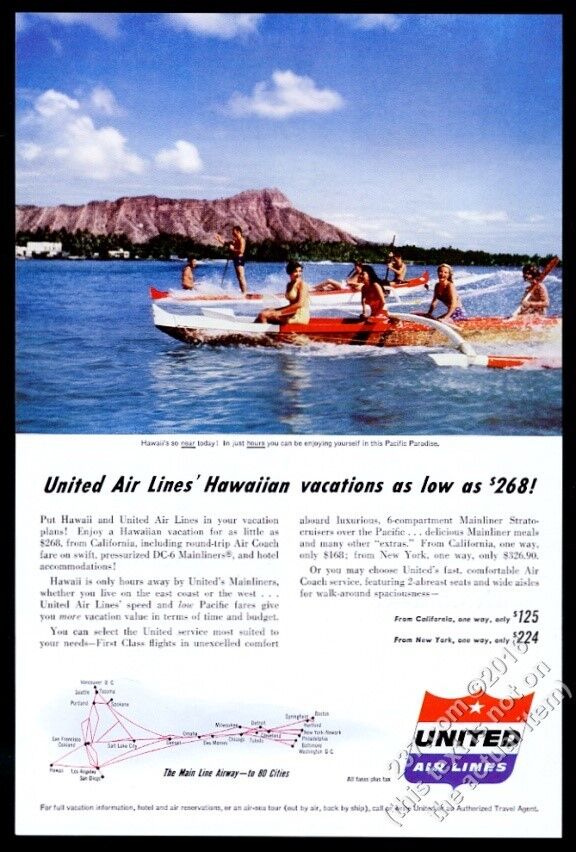 1954 United Airlines Hawaii Waikiki outrigger canoe Diamond Head photo print ad