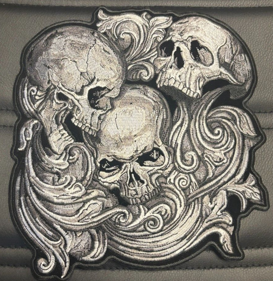 3 Skulls With Flowers Large Back Patch Iron on 8.5 Inch