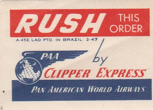 PAN AM US airline Rush this Order by Clipper poster stamp label