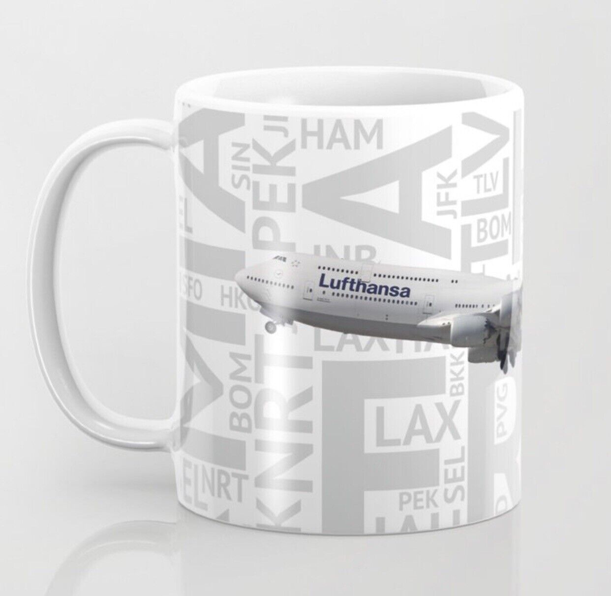 Lufthansa Boeing 747-8 with Airport Codes - Coffee Mug (11oz)