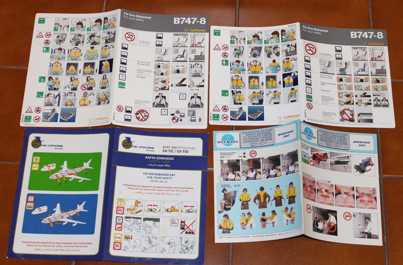 BOEING 747-200 & 747-8 SAFETY CARDS. LUFTHANSA-OLYMPIC AIRWAYS-HELLENIC IMPERIAL