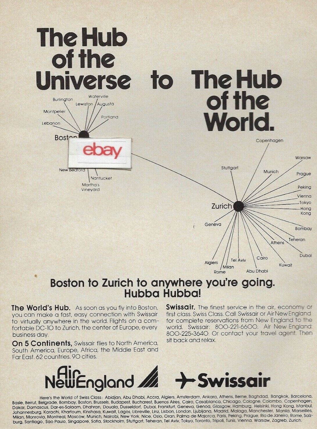 AIR NEW ENGLAND & SWISSAIR 1978 HUB OF UNIVERSE TO HUB OF THE WORLD AD