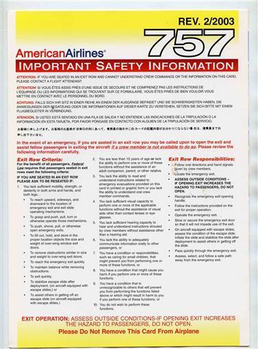American Airlines Boeing 757 Passenger Safety Card Rev 2/2003