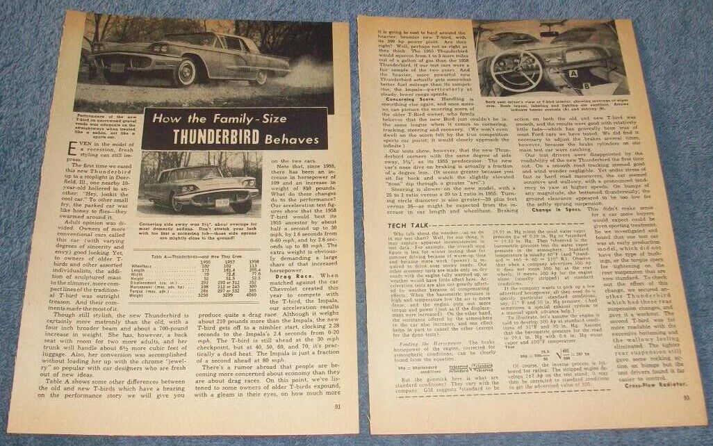 1958 Ford Thunderbird Vintage Road Test Info Article \