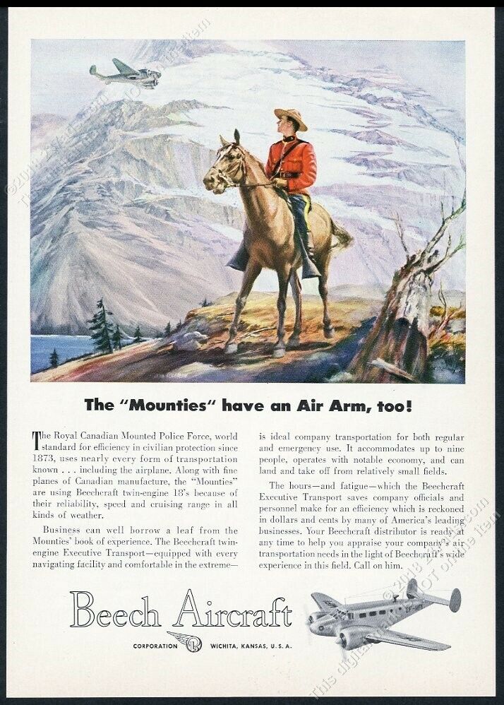 1947 RMCP Mountie horse & police plane art Beech Beechcraft vintage print ad