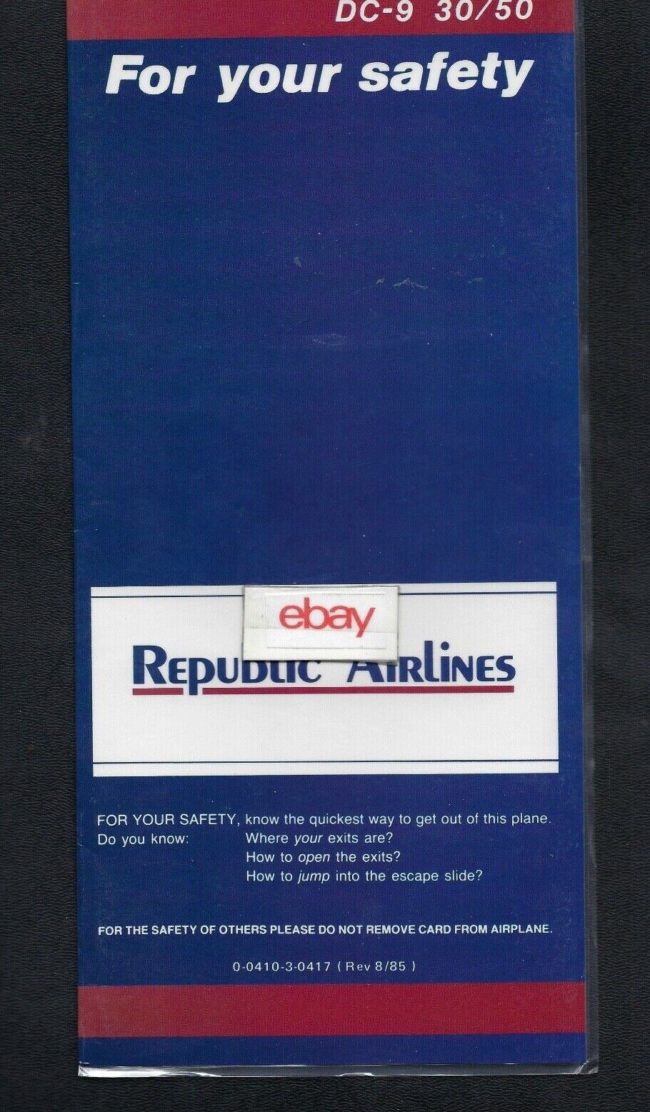 REPUBLIC AIRLINES DOUGLAS DC-9-30/50 SAFETY CARD 8/1985 LAMINATED