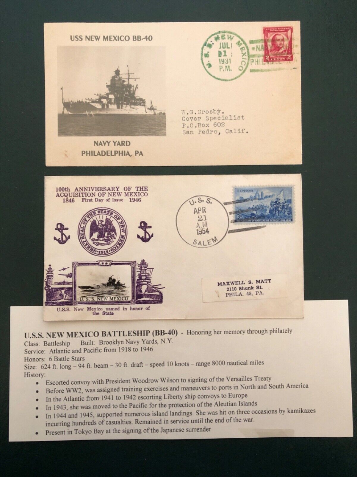 STAMPS U.S.- 2 U.S.S. NEW MEXICO COVERS- cachets-honor her sacrifice