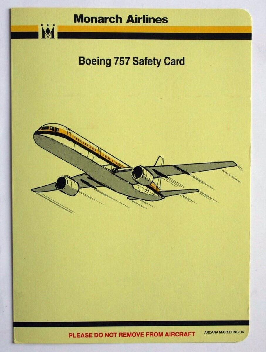 1989 MONARCH AIRLINES CHARTER UK BOEING 757 SAFETY CARD. ISSUE No1