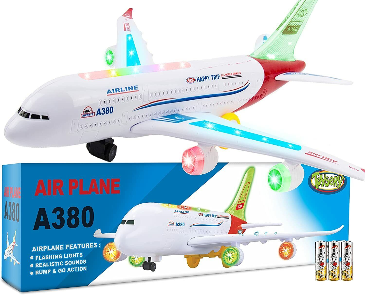 New Airplane Toys for Kids, Bump and Go Action Airbus A380 Model Airplane Toys