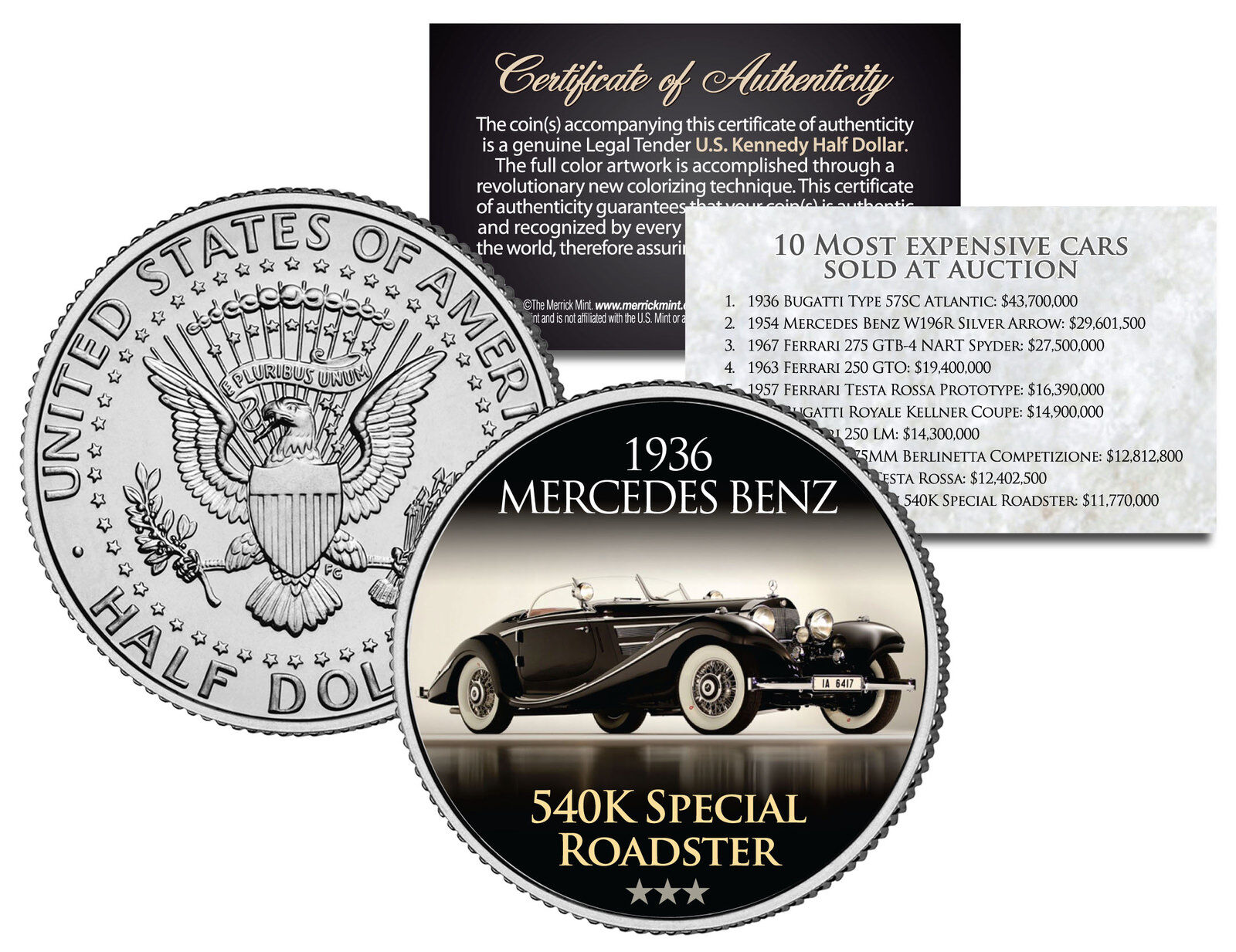 1936 MERCEDES BENZ Expensive Auction Car JFK Half Dollar Coin SPECIAL ROADSTER