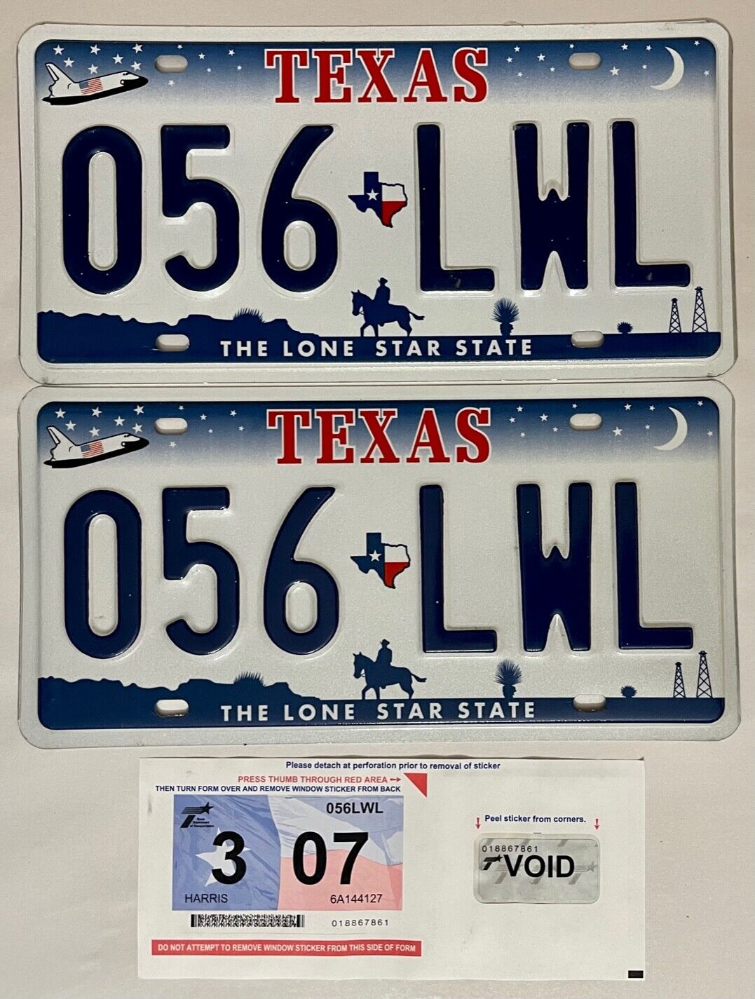 2007 TEXAS Space Shuttle License Plate Pair TX #056-LWL