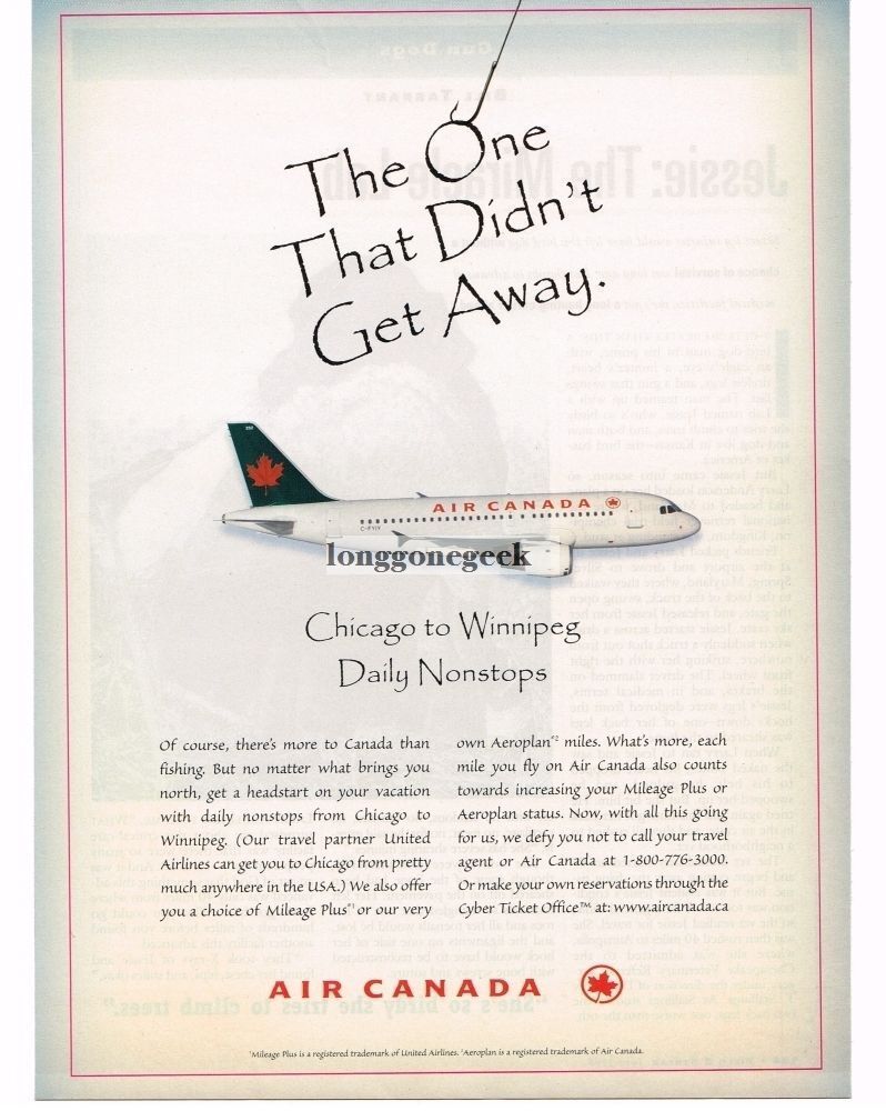 1998 AIR CANADA Chicago To Winnipeg AIRBUS A319 Jet Plane Vtg Print Ad