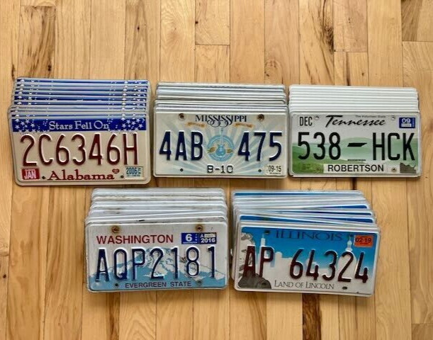 Bulk Lot of 50 License Plates from 5 Different States - 10 of Each State