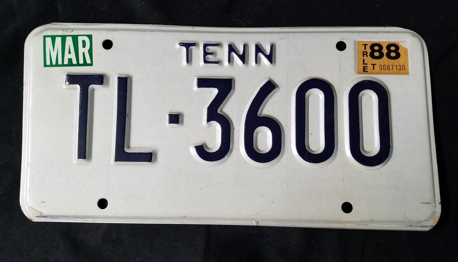 License Plate TL-3600 TENN Tennessee 1988 clean trailer plate