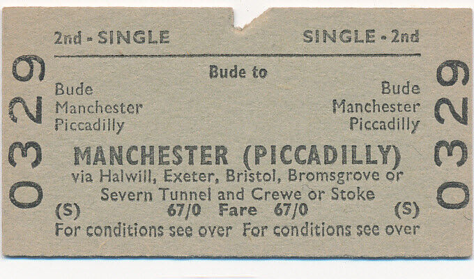 British Railways ticket 0329 - BUDE to MANCHESTER PICCADILLY Via Halwill etc