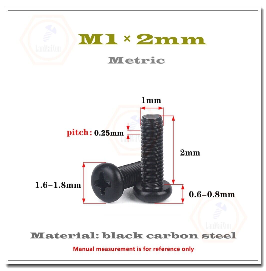 M1 M1.2 M1.4 M1.6 M1.7 M2 M2.5 Black Steel Phillips Pan Head Micro Mini Screw