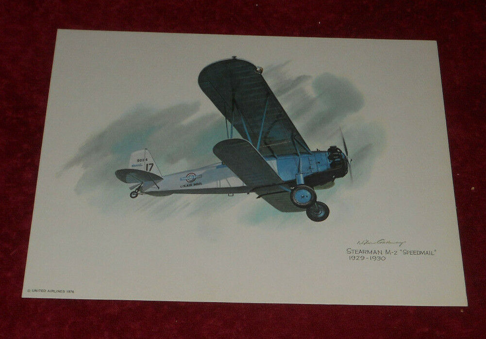 1976 United Airlines Collector Litho Print Stearman M-2 Speedmail 1929-1930