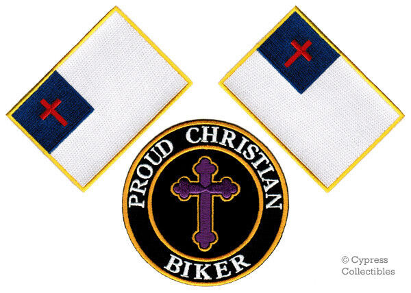 LOT of 3 PROUD CHRISTIAN BIKER PATCH FLAG RELIGIOUS new embroidered IRON-ON 