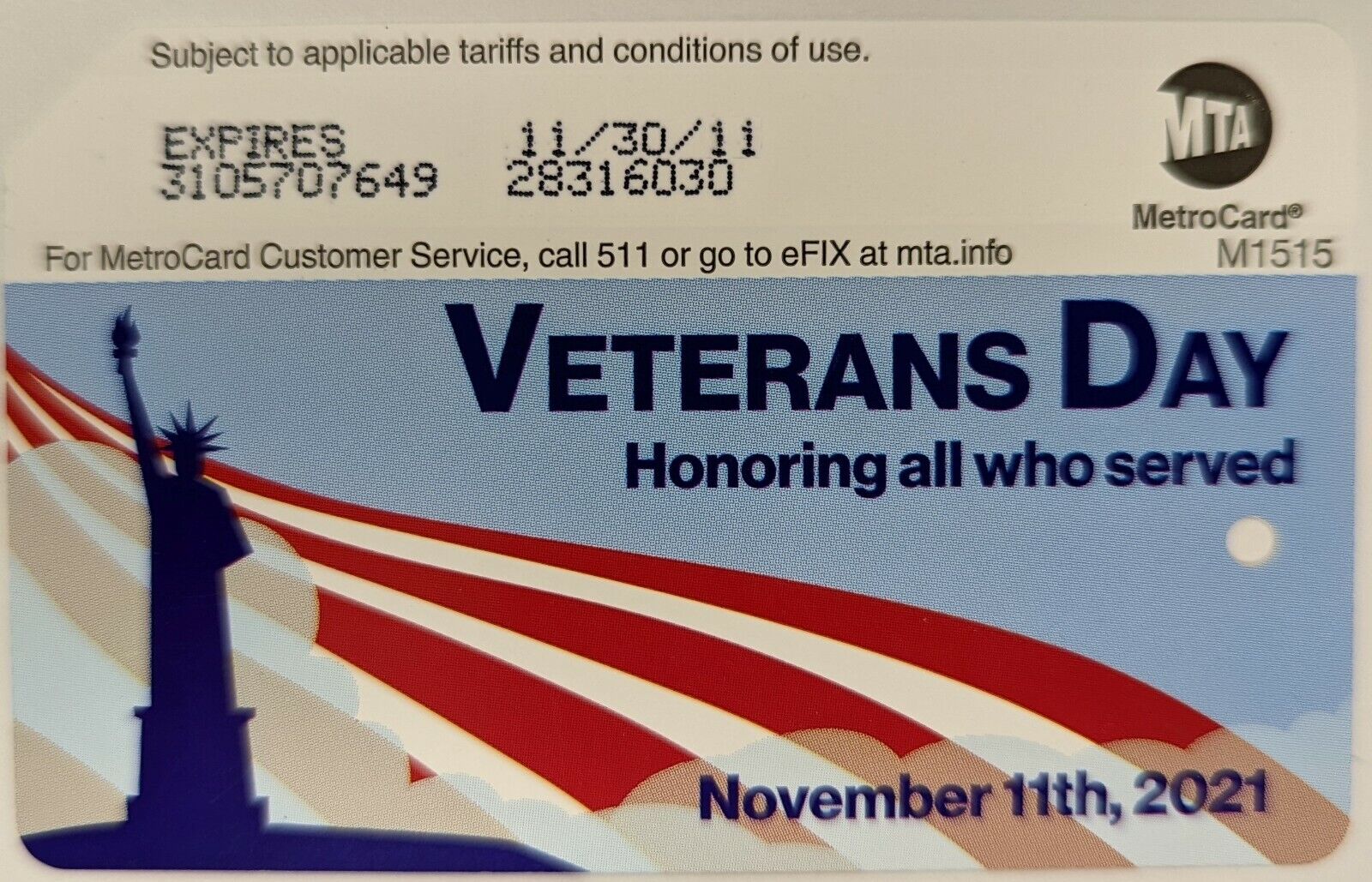 Veterans Day Ver 2 - NYC MetroCard, Expired-Mint Condition