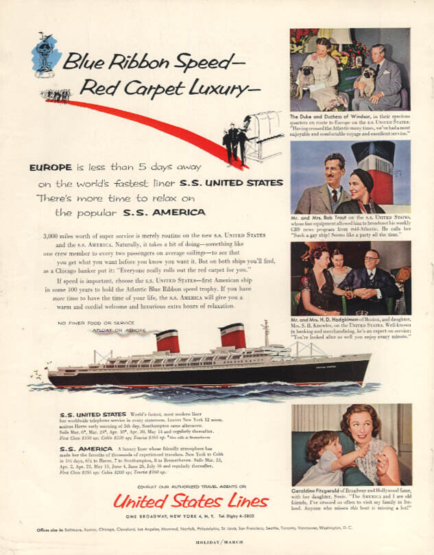 Blue Ribbon Speed Red Carpet Luxury - S S United States ad 1954 H