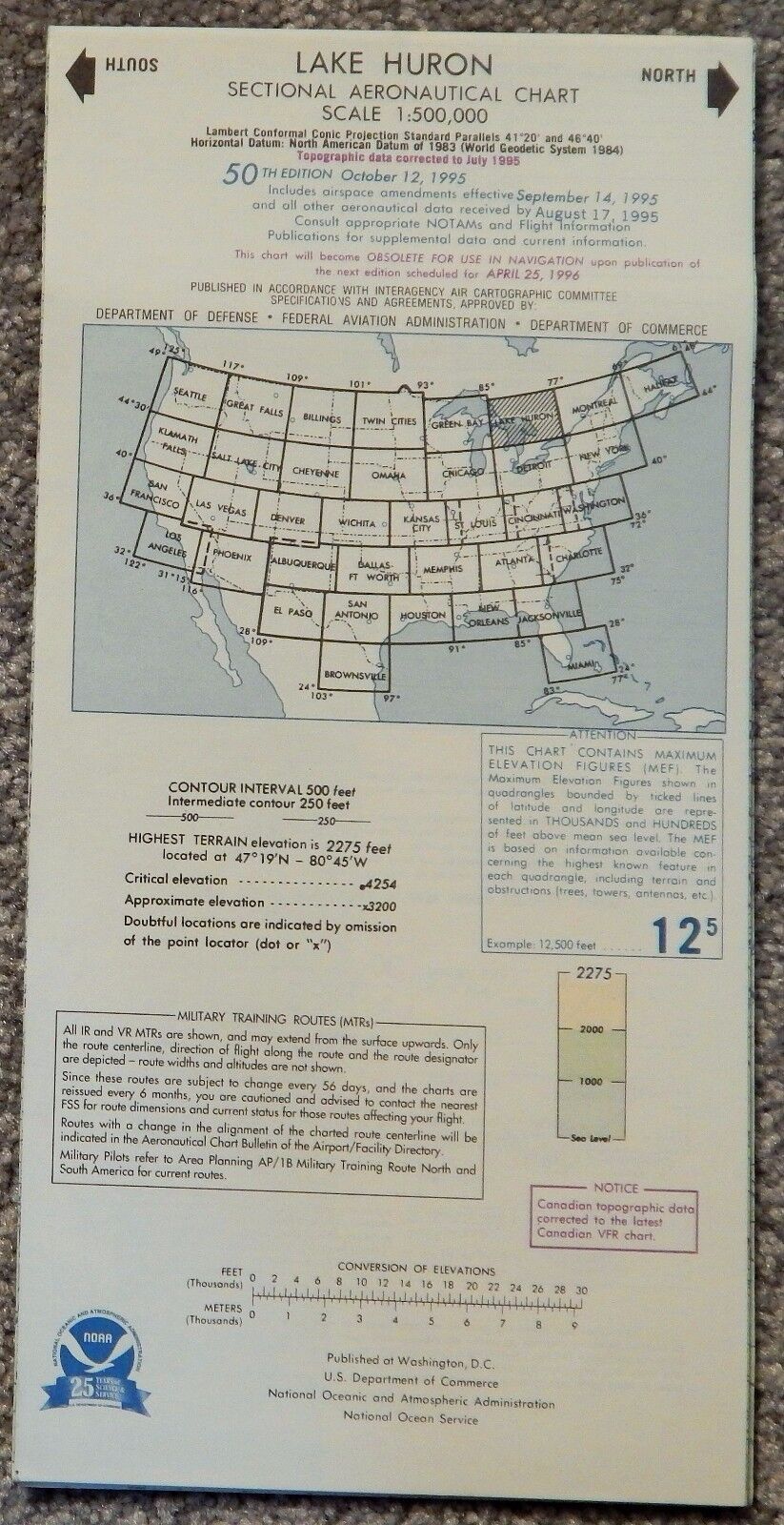 NOAA LAKE HURON SECTIONAL AERONAUTICAL CHART 50TH EDITION, OCTOBER 12, 1995 RARE