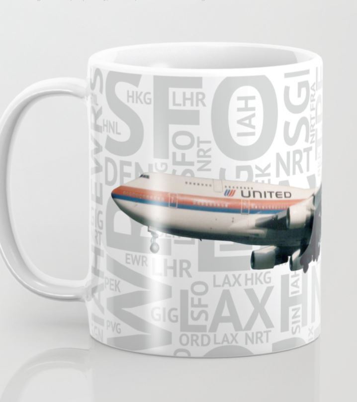 United Airlines Boeing 747 (Tulip) with Airport Codes - Coffee Mug (11oz)