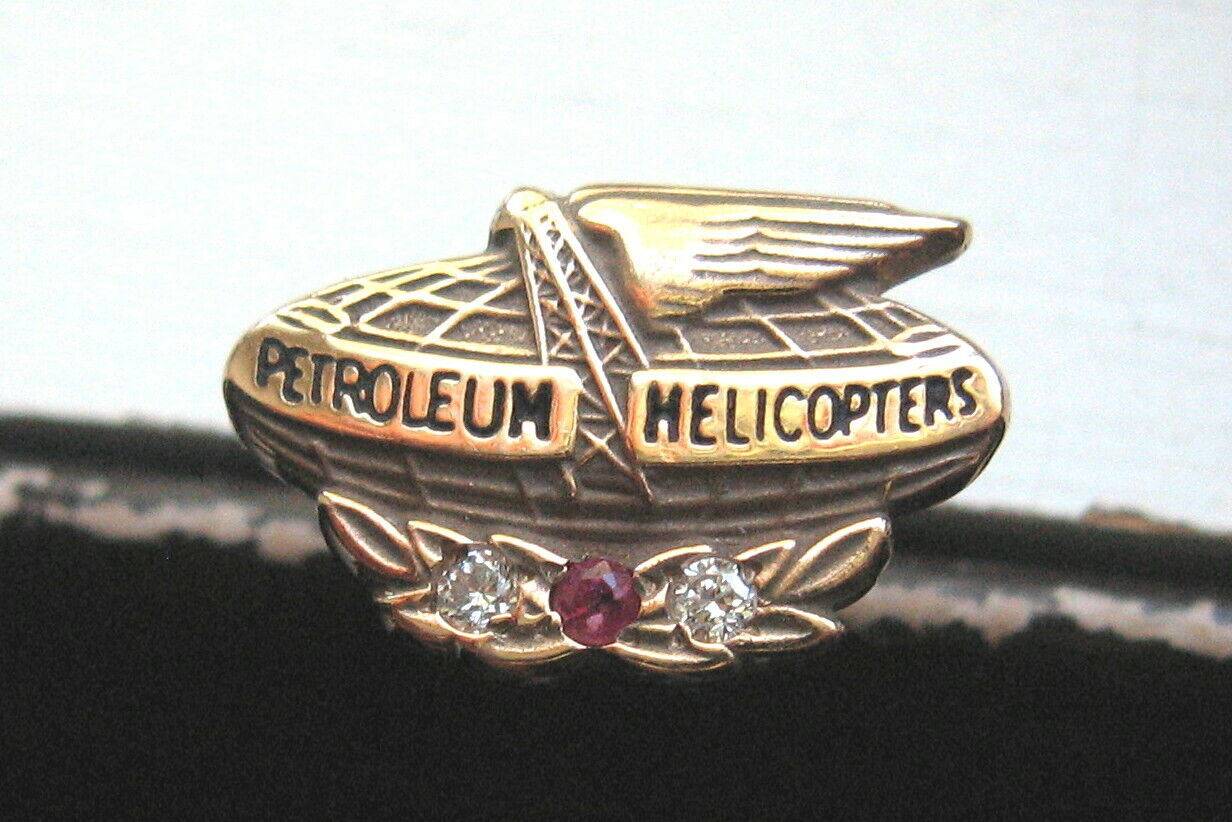 14K Solid Gold Ruby Diamonds PHI Petroleum Helicopters Inc Service Award Pin