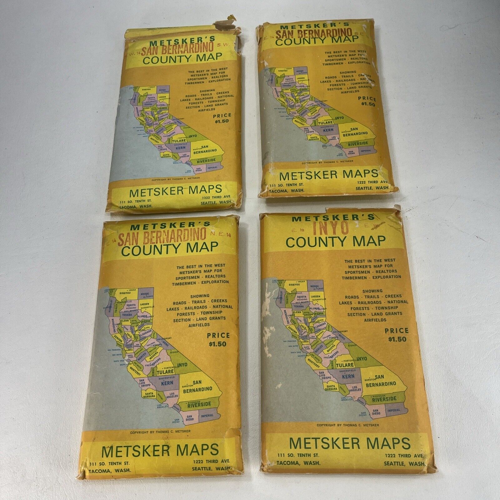 Lot Of 4 Metsker\'s Maps:, 3 San Bernardino SW, NE, SE, 1 Inyo