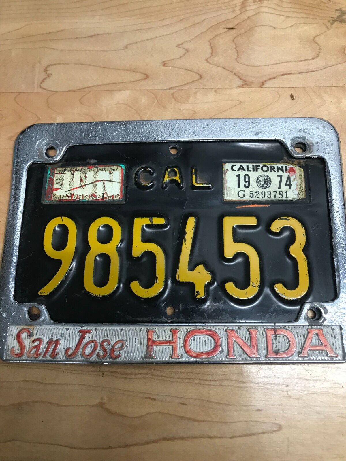 Vintage Honda motorcycle  license plate frame and plate San Jose California
