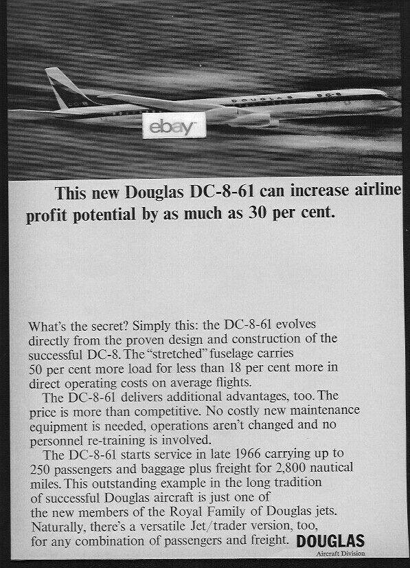 DOUGLAS AIRCRAFT THIS NEW DOUGLAS DC-8-63 INCREASE PROFIT POTENTIAL 30% 1965 AD