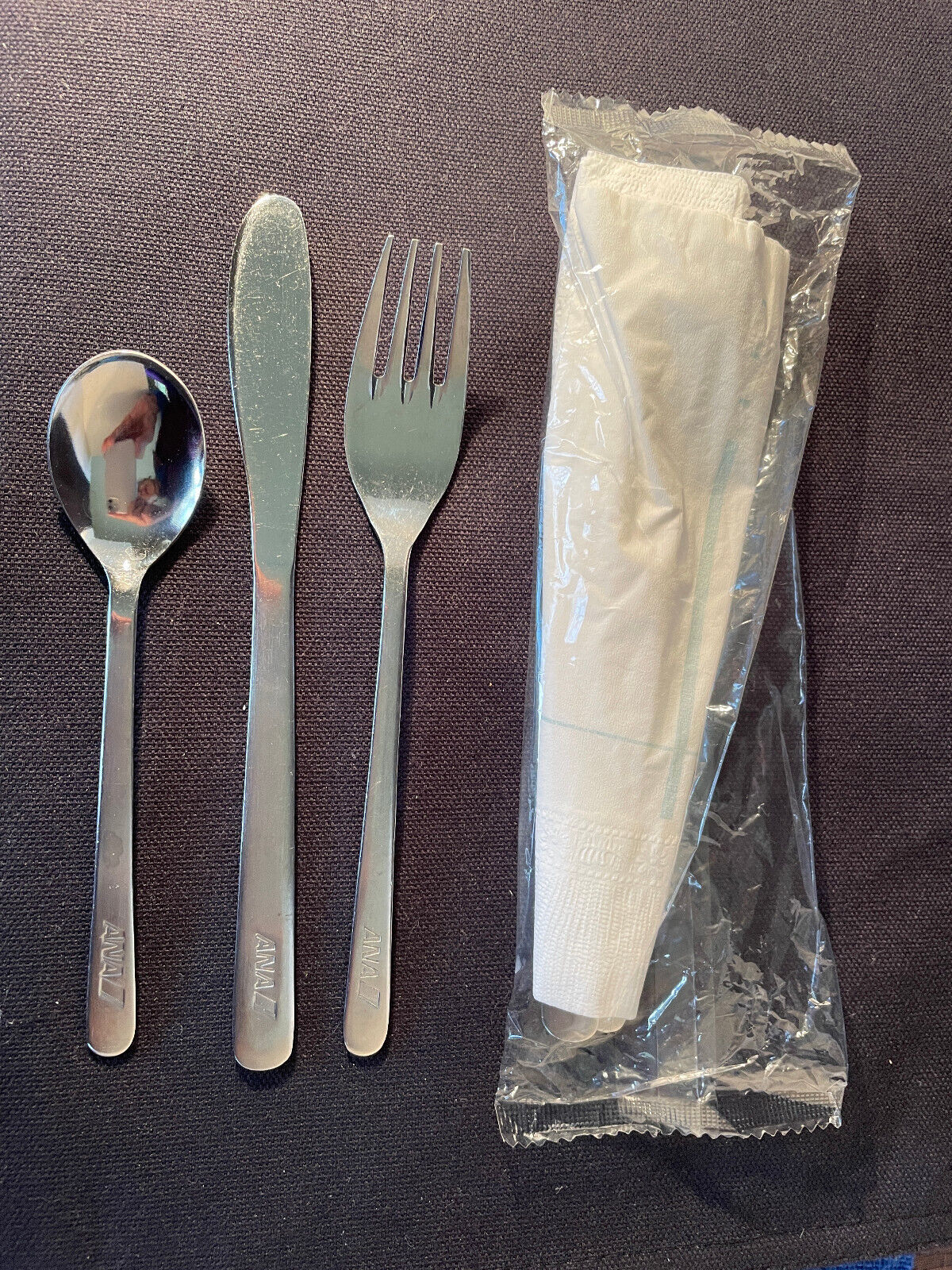 3 pc SET ANA Air Japan All Nippon Airlines Fork Knife Spoon Stainless Napkin