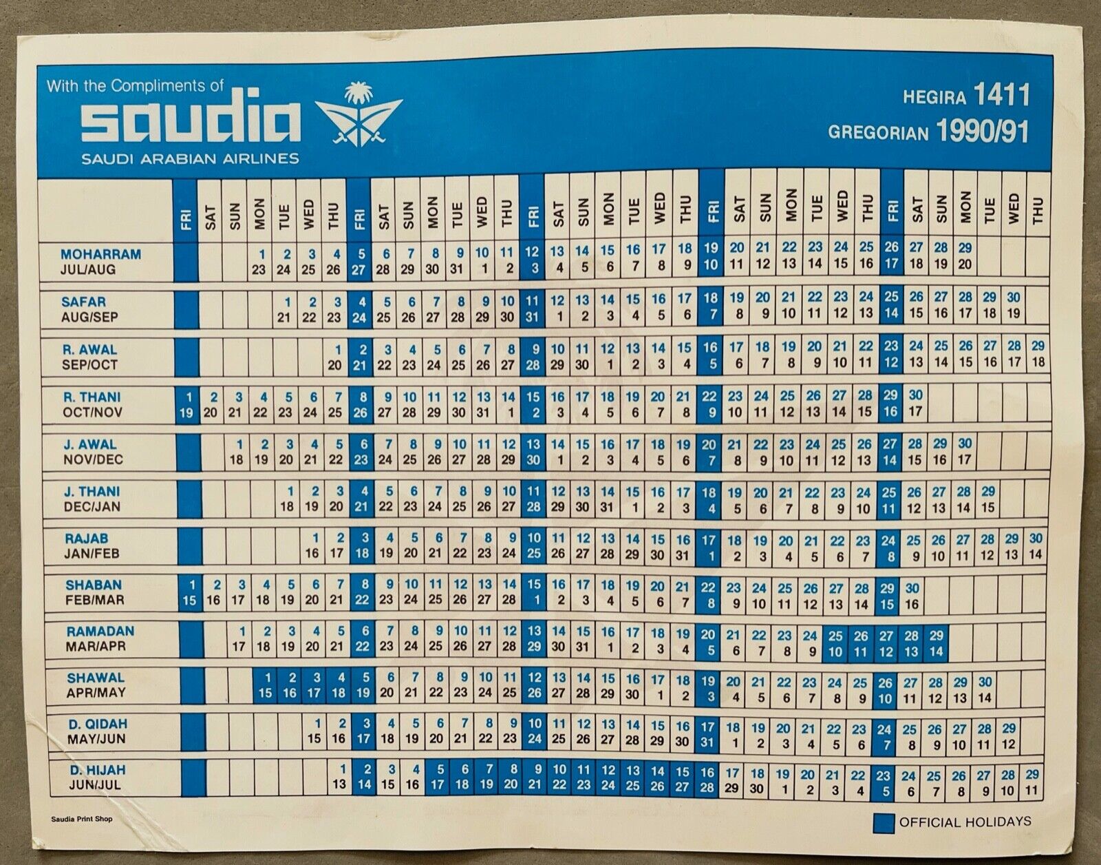 Saudia Airlines Calendar Converter - Hegira year 1411 to Gregorian 1990/1991