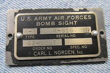 Carl Norden U.S. Army Air Forces M-9 Bomb Sight NAME PLATE s/n R-916 Ord 42-8807 picture
