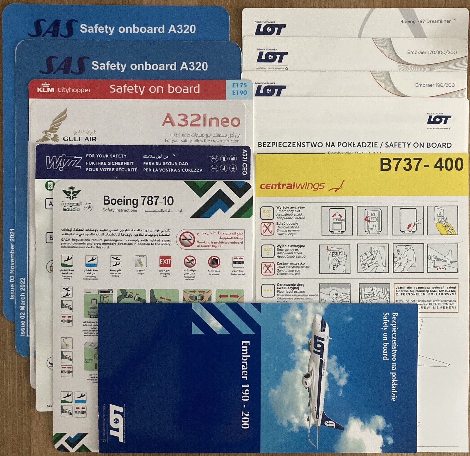 DIFFERENT AIRLINES SAFETY CARD SET OF 12 SAS LUFTHANSA LOT A320 B737 EMB190 B787