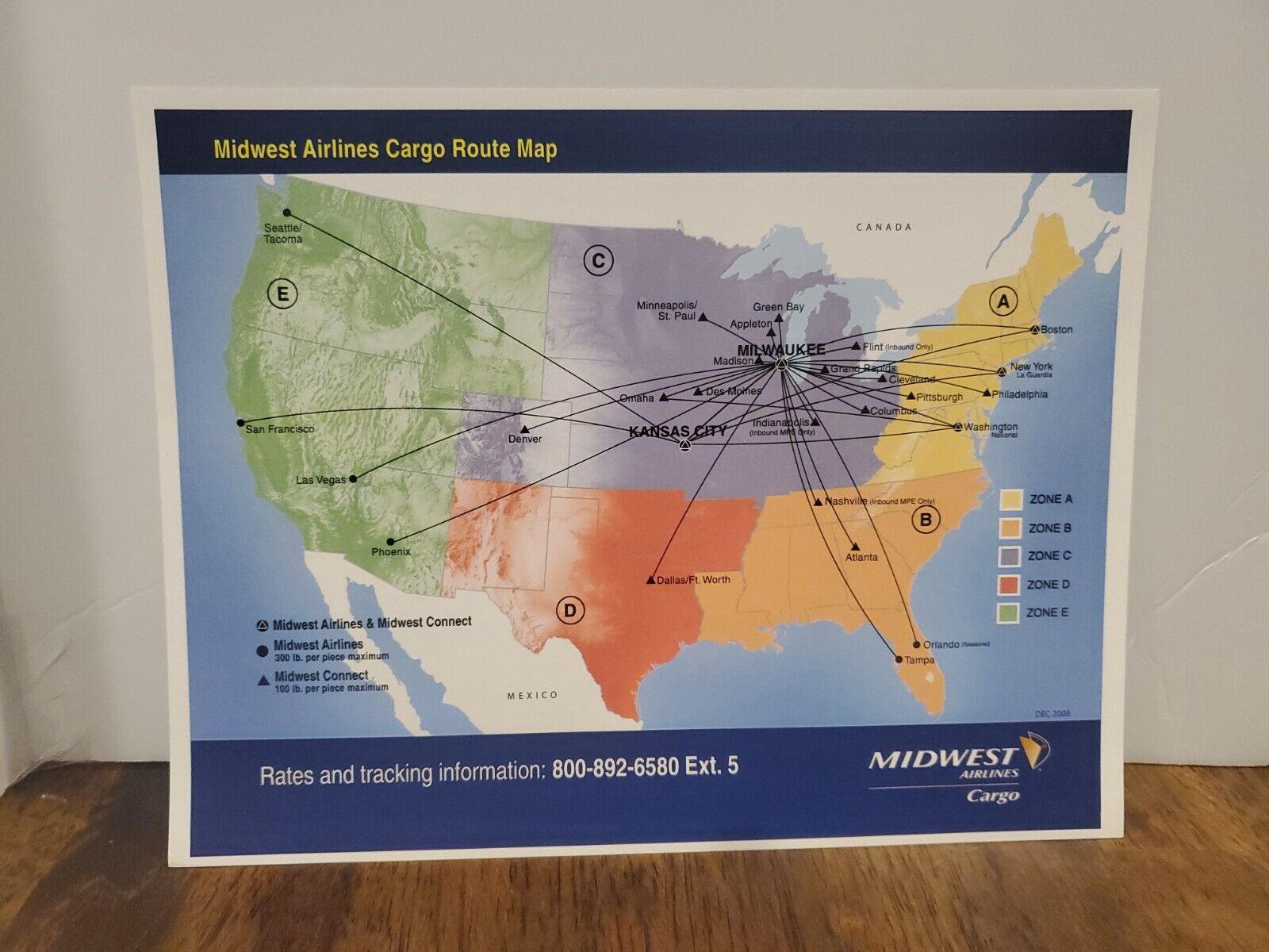 Midwest Airlines Cargo Route Map Color Cardstock Print 8.5 X 11 in New Old Stock